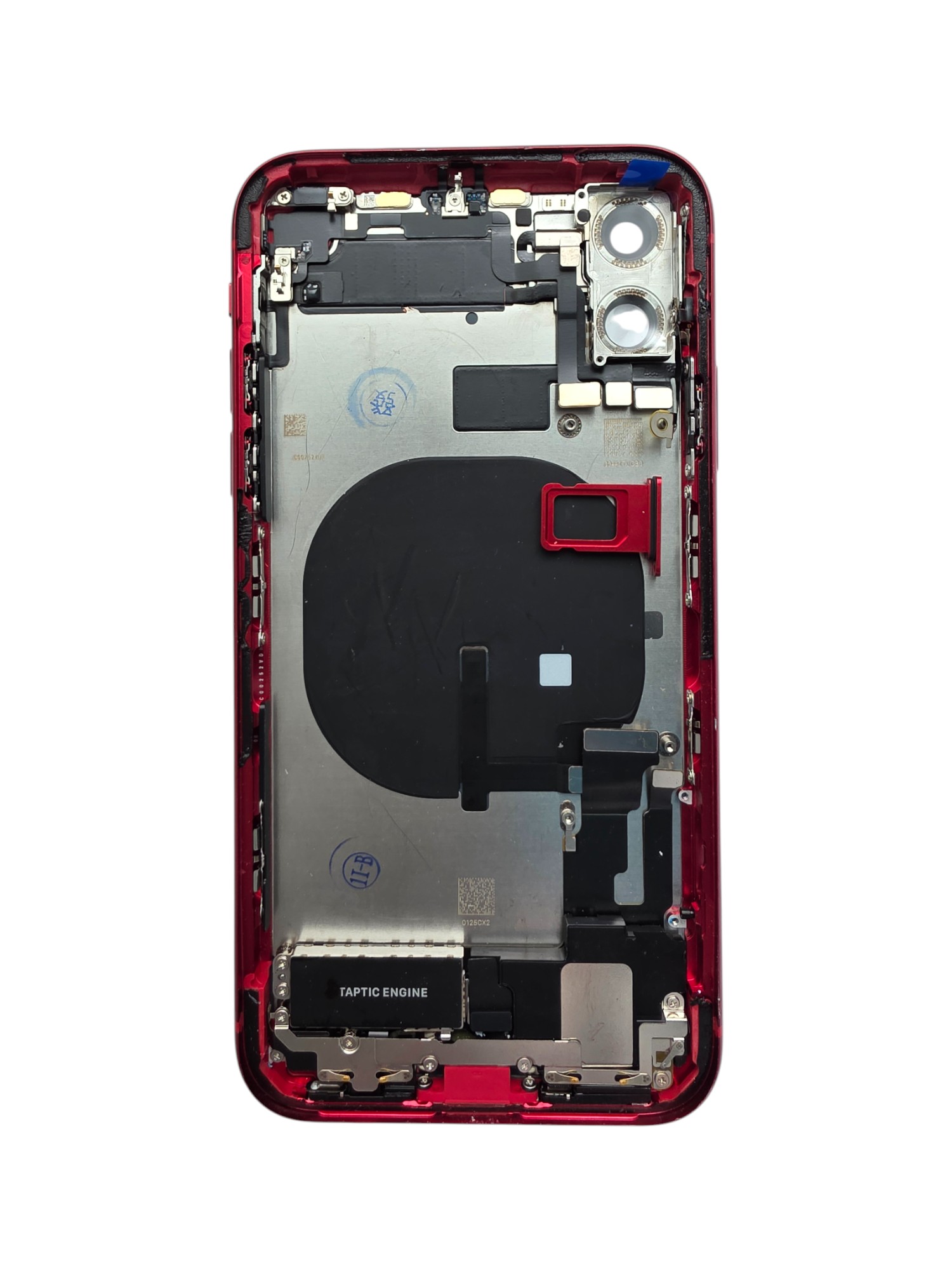Gyári bontott iPhone 11 középső keret hátlappal piros színben + oldalsó gombokkal + kamera lencsével + sim kártyatartóval (Alig észrevehető karcok)