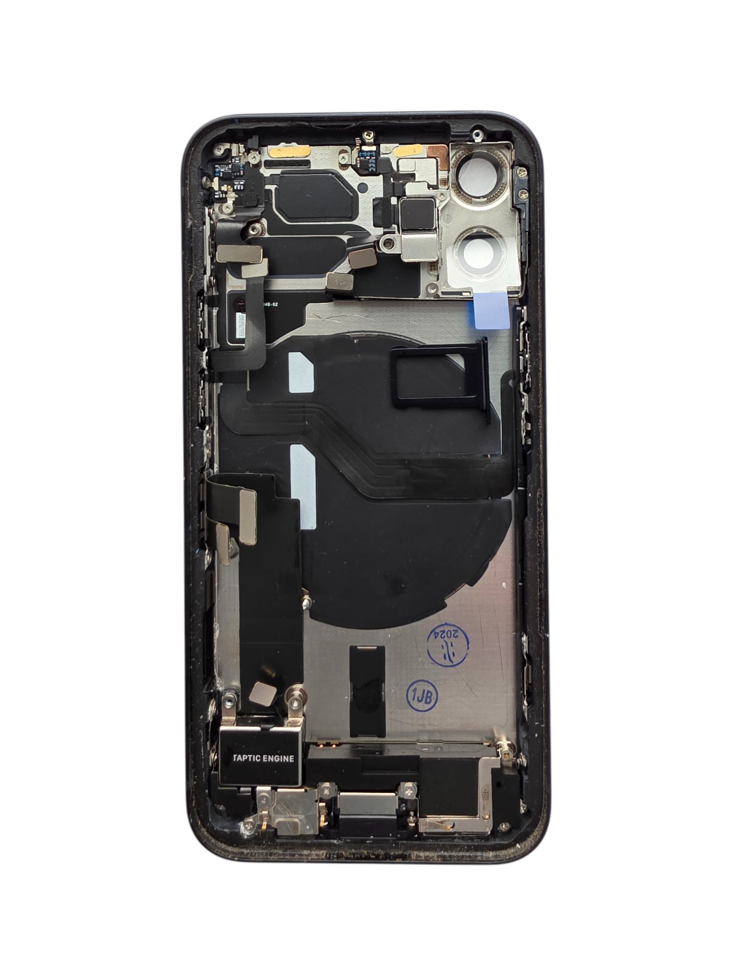 Gyári bontott iPhone 12 mini középső keret hátlappal fekete színben + oldalsó gombokkal + kamera lencsével + sim kártyatartóval (Alig észrevehető karcok)