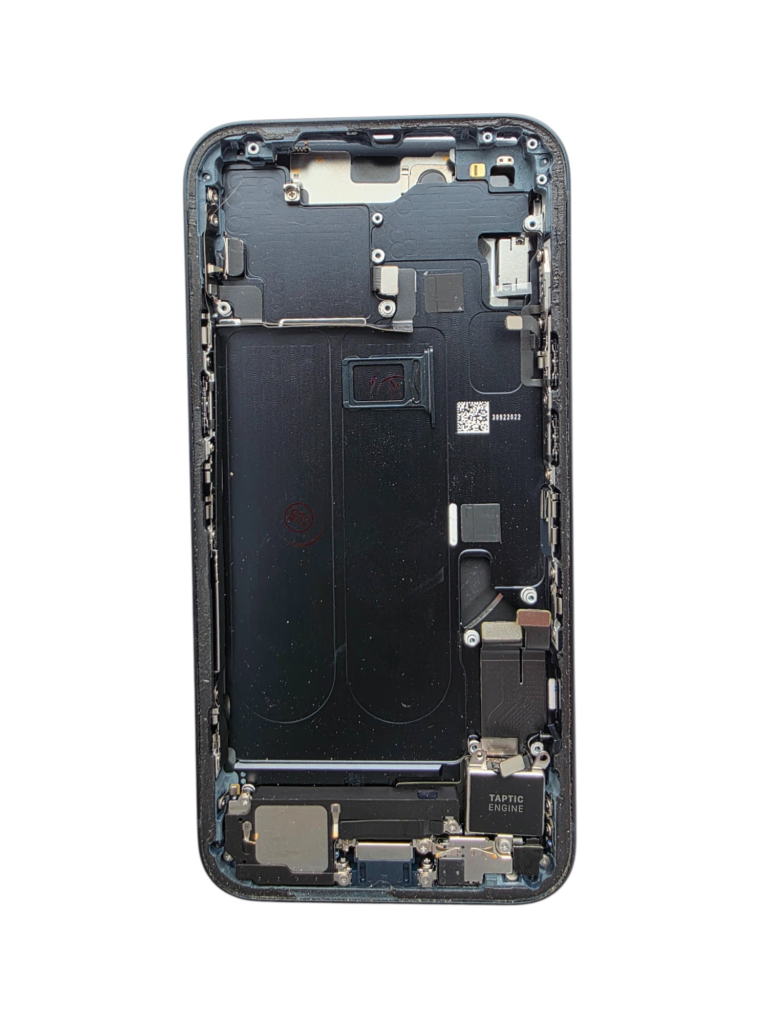 Gyári bontott,iPhone 14 középső keret hátlappal fekete színben + oldalsó gombokkal + kamera lencsével + sim kártyatartóval (Alig észrevehető karcok)