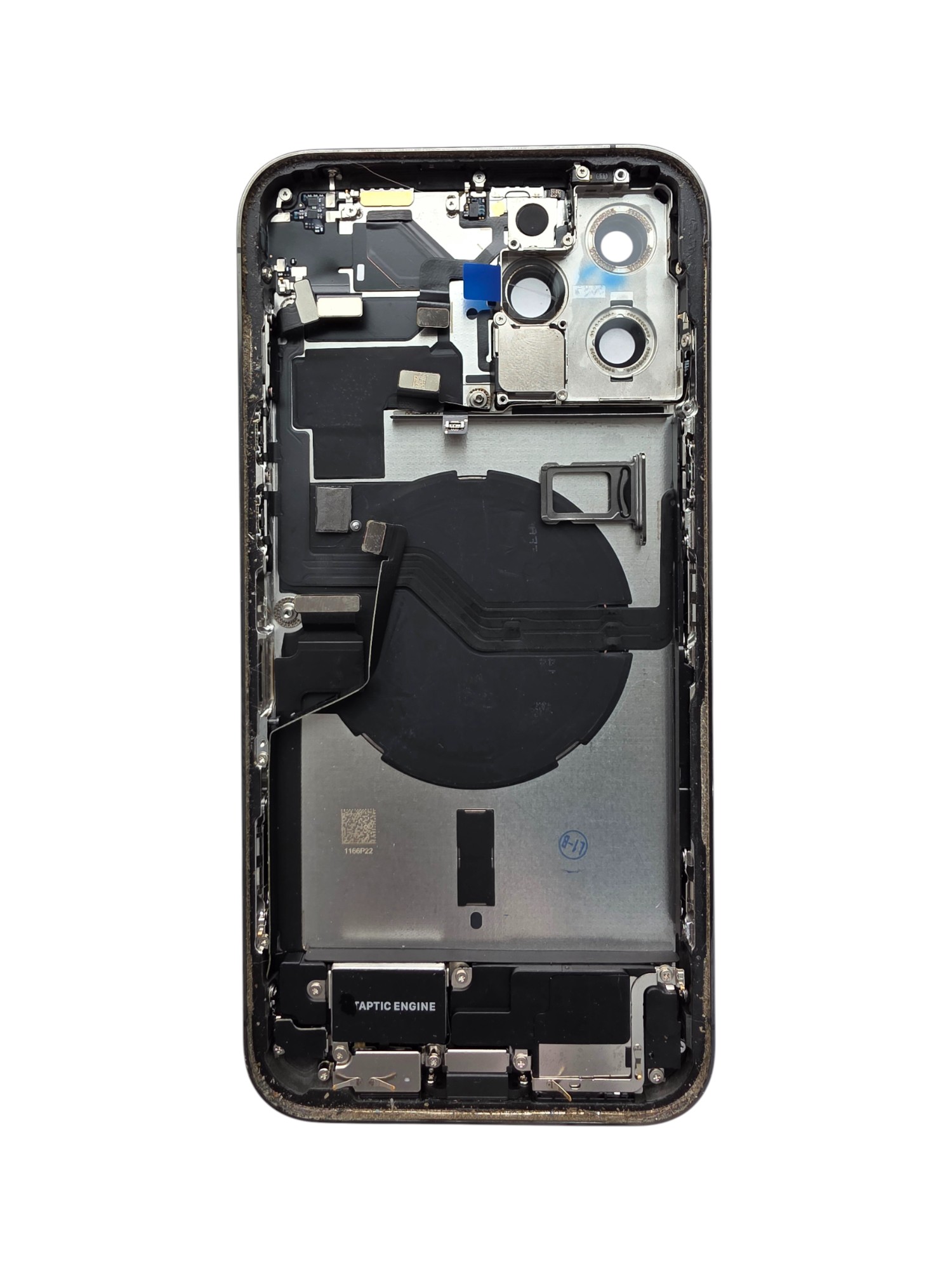 	Gyári bontott,iPhone 12 Pro Max középső keret hátlappal szürke színben + oldalsó gombokkal + kamera lencsével + sim kártyatartóval (Alig észrevehető karcok)