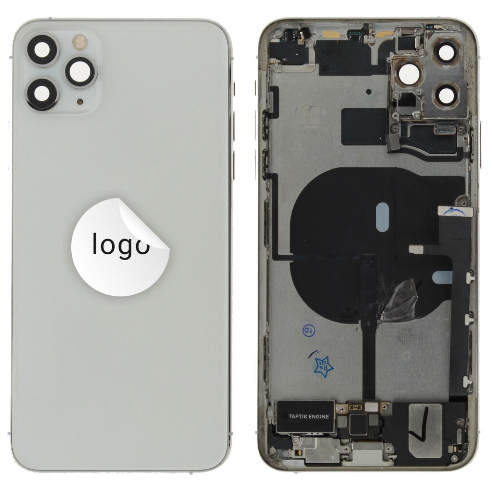 Gyári bontott iPhone 11 Pro Max középső keret hátlappal ezüst színben + oldalsó gombokkal + kamera lencsével + sim kártyatartóval (Alig észrevehető karcok)
