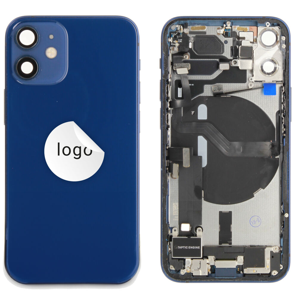 Gyári bontott iPhone 12 mini középső keret hátlappal kék színben + oldalsó gombokkal + kamera lencsével + sim kártyatartóval(Alig észrevehető karcok)