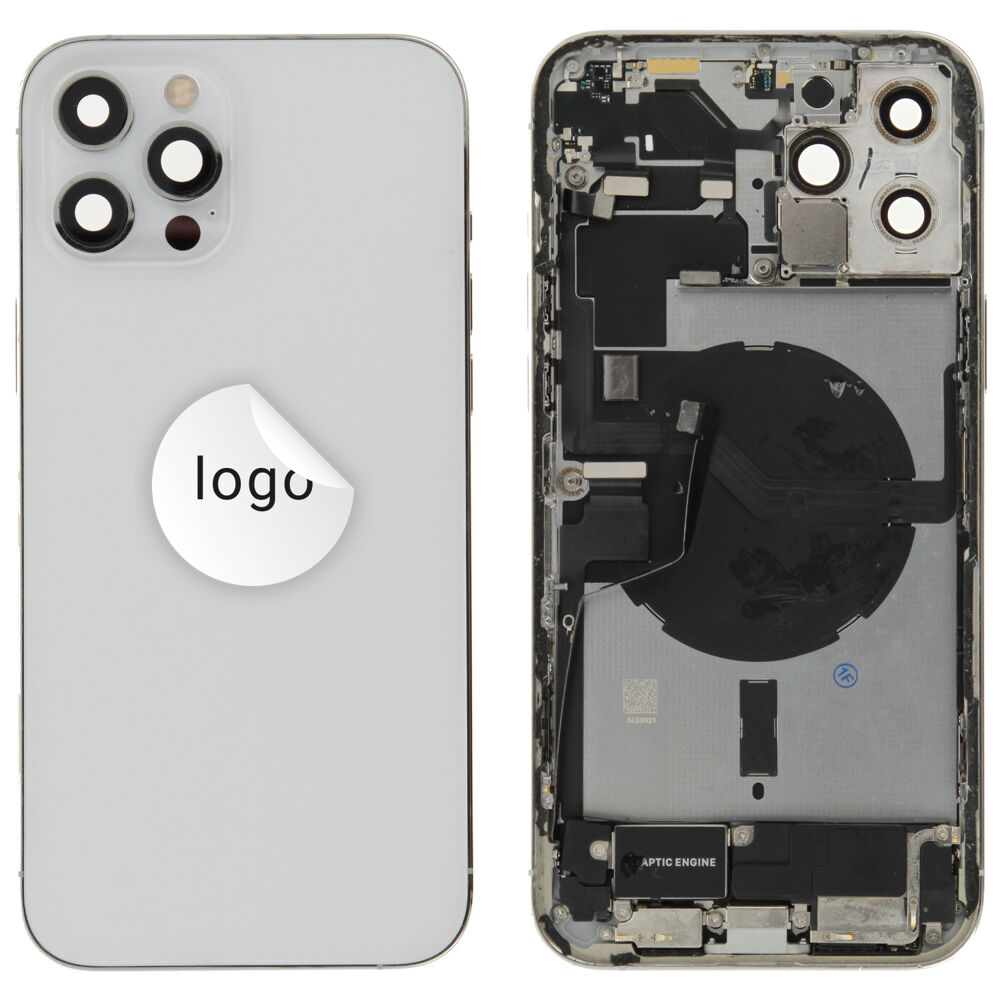 Gyári bontott,iPhone 12 Pro Max középső keret hátlappal ezüst színben + oldalsó gombokkal + kamera lencsével + sim kártyatartóval (Alig észrevehető karcok)
