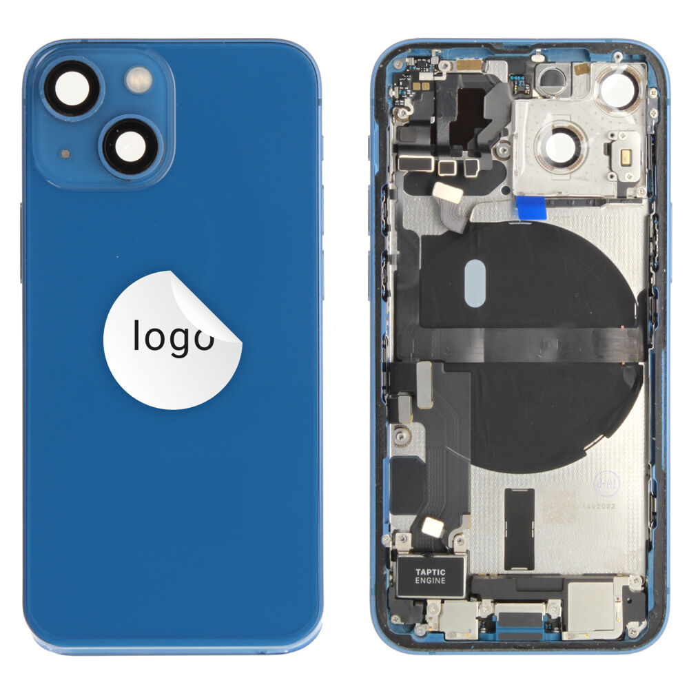 Gyári bontott iPhone 13 mini középső keret hátlappal kék színben + oldalsó gombokkal + kamera lencsével + sim kártyatartóval(Alig észrevehető karcok)