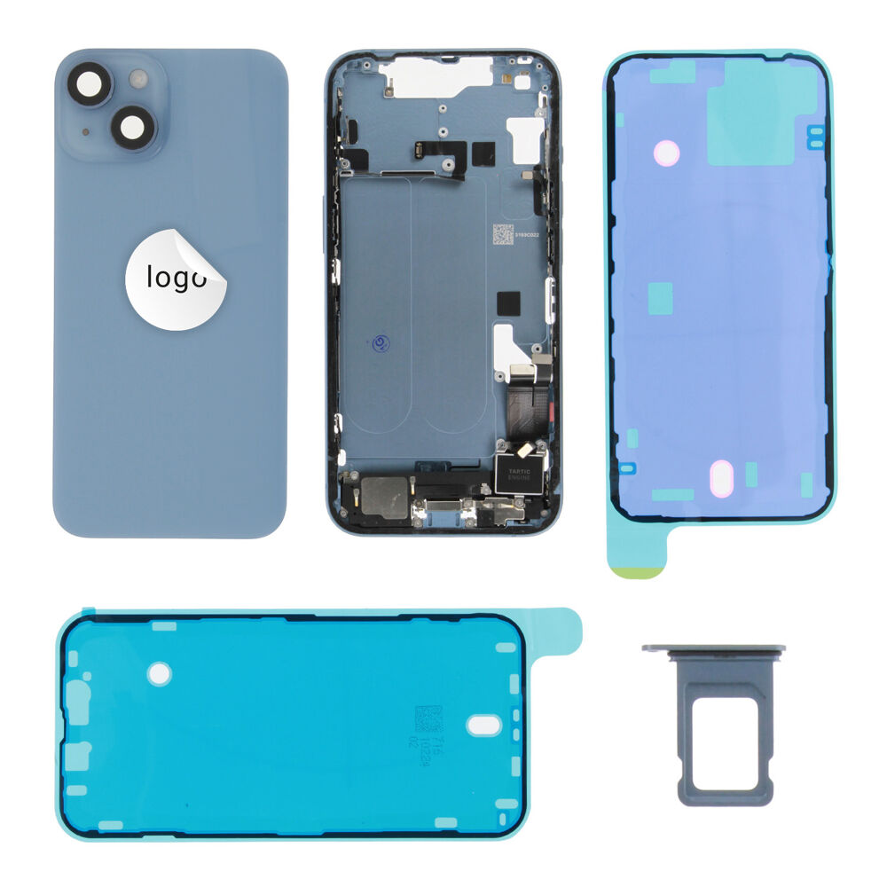 Gyári bontott,iPhone 14 középső keret hátlappal kék színben + oldalsó gombokkal + kamera lencsével + sim kártyatartóval (Alig észrevehető karcok)