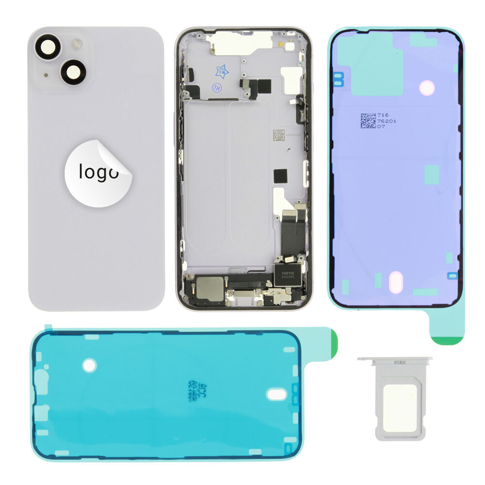 Gyári bontott,iPhone 14 középső keret hátlappal lila színben + oldalsó gombokkal + kamera lencsével + sim kártyatartóval (Alig észrevehető karcok)