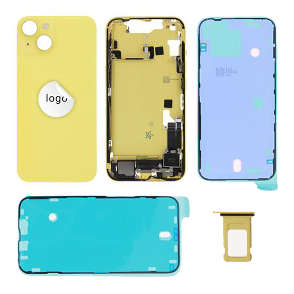 Gyári bontott,iPhone 14 középső keret hátlappal sárga színben + oldalsó gombokkal + kamera lencsével + sim kártyatartóval (Alig észrevehető karcok)