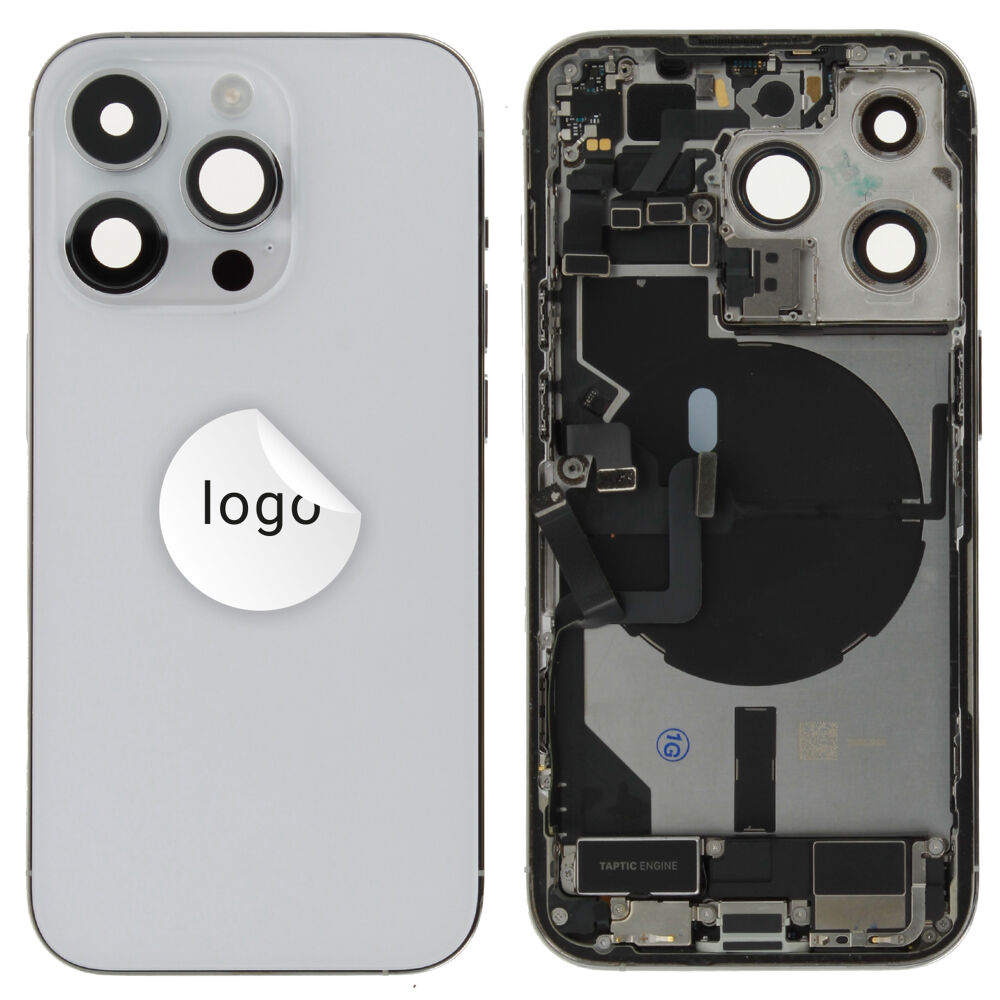 Gyári bontott,iPhone 14 Pro középső keret hátlappal ezüst színben + oldalsó gombokkal + kamera lencsével + sim kártyatartóval (Alig észrevehető karcok)