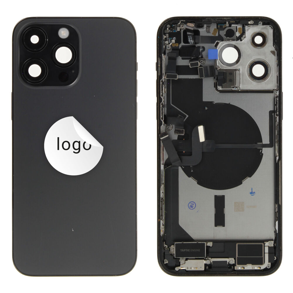 Gyári bontott,iPhone 14 Pro Max középső keret hátlappal fekete színben + oldalsó gombokkal + kamera lencsével + sim kártyatartóval (Alig észrevehető karcok)