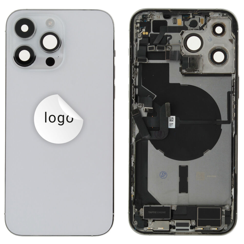 Gyári bontott,iPhone 14 Pro Max középső keret hátlappal ezüst színben + oldalsó gombokkal + kamera lencsével + sim kártyatartóval (Alig észrevehető karcok)
