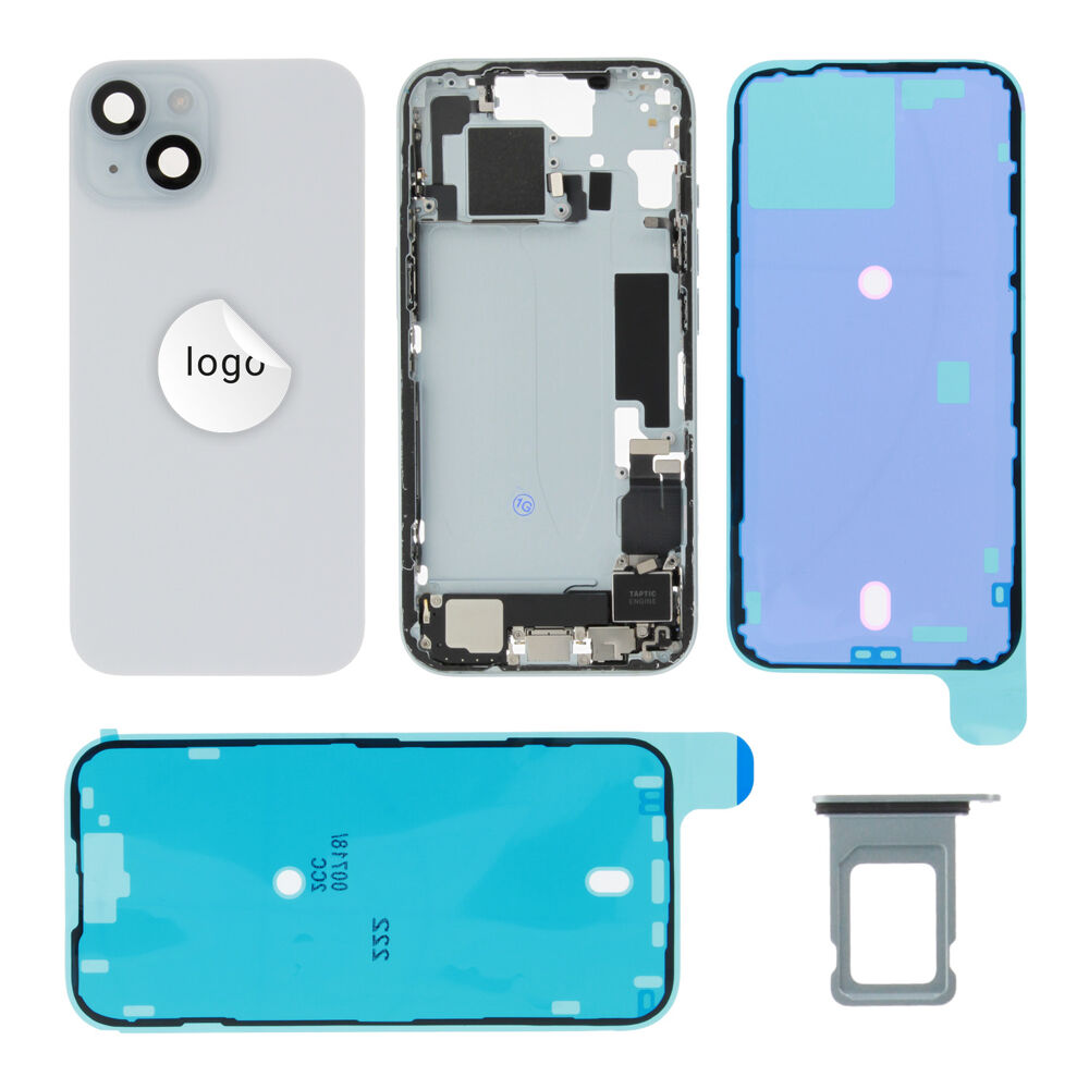 Gyári bontott,iPhone 15 középső keret hátlappal kék színben + oldalsó gombokkal + kamera lencsével + sim kártyatartóval (Alig észrevehető karcok)