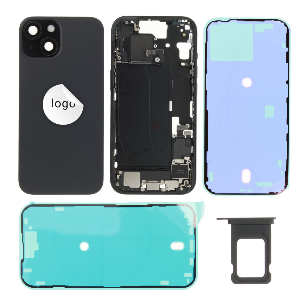 Gyári bontott,iPhone 15 középső keret hátlappal fekete színben + oldalsó gombokkal + kamera lencsével + sim kártyatartóval (Alig észrevehető karcok)