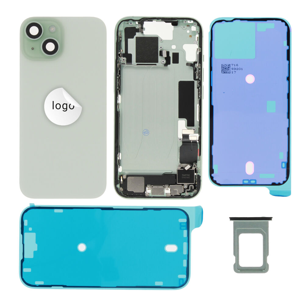 Gyári bontott,iPhone 15 középső keret hátlappal zöld színben + oldalsó gombokkal + kamera lencsével + sim kártyatartóval (Alig észrevehető karcok)
