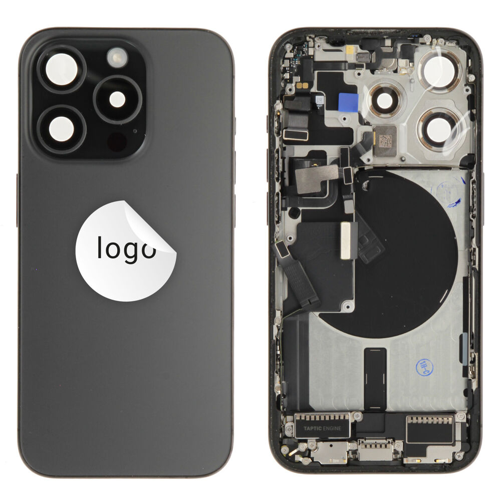 Gyári bontott,iPhone 15 Pro középső keret hátlappal fekete színben + oldalsó gombokkal + kamera lencsével + sim kártyatartóval (Alig észrevehető karcok)
