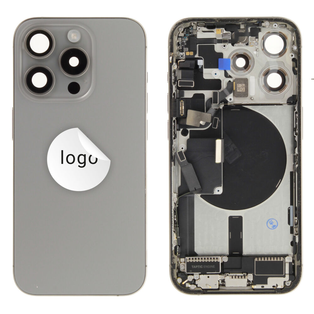 Gyári bontott,iPhone 15 Pro középső keret hátlappal szürke színben + oldalsó gombokkal + kamera lencsével + sim kártyatartóval (Alig észrevehető karcok)