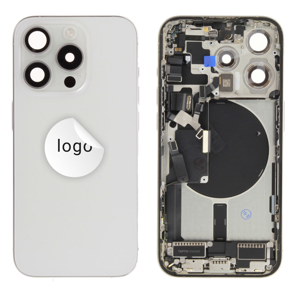 Gyári bontott,iPhone 15 Pro középső keret hátlappal fehér színben + oldalsó gombokkal + kamera lencsével + sim kártyatartóval (Alig észrevehető karcok)