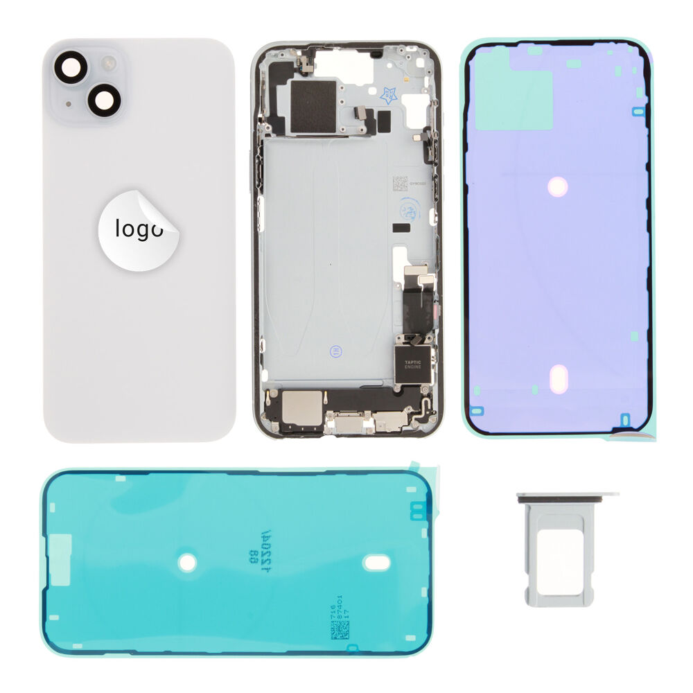Gyári bontott,iPhone 15 Plus középső keret hátlappal kék színben + oldalsó gombokkal + kamera lencsével + sim kártyatartóval (Alig észrevehető karcok)
