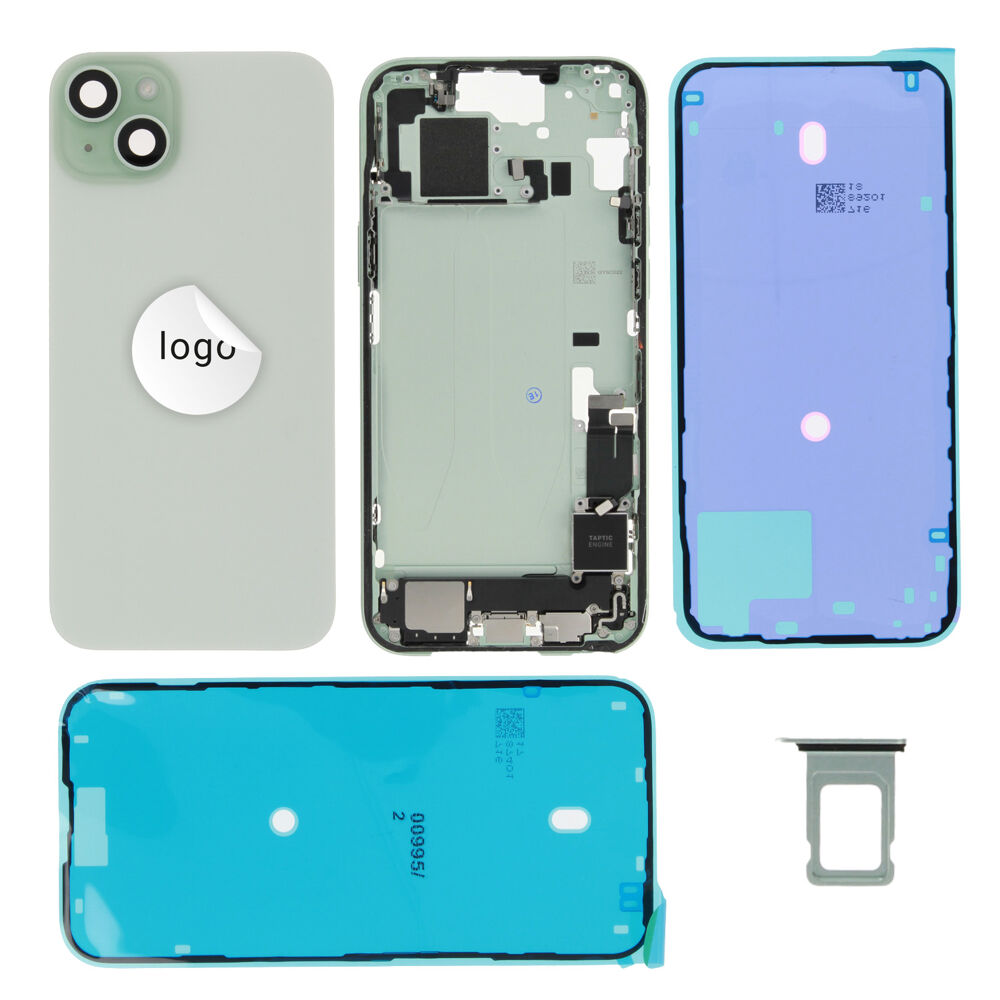 Gyári bontott,iPhone 15 Plus középső keret hátlappal zöld színben + oldalsó gombokkal + kamera lencsével + sim kártyatartóval (Alig észrevehető karcok)