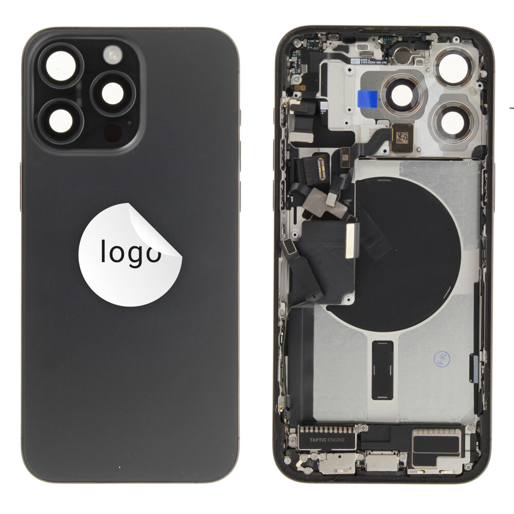 Gyári bontott,iPhone 15 Pro Max  középső keret hátlappal fekete színben + oldalsó gombokkal + kamera lencsével + sim kártyatartóval (Alig észrevehető karcok)