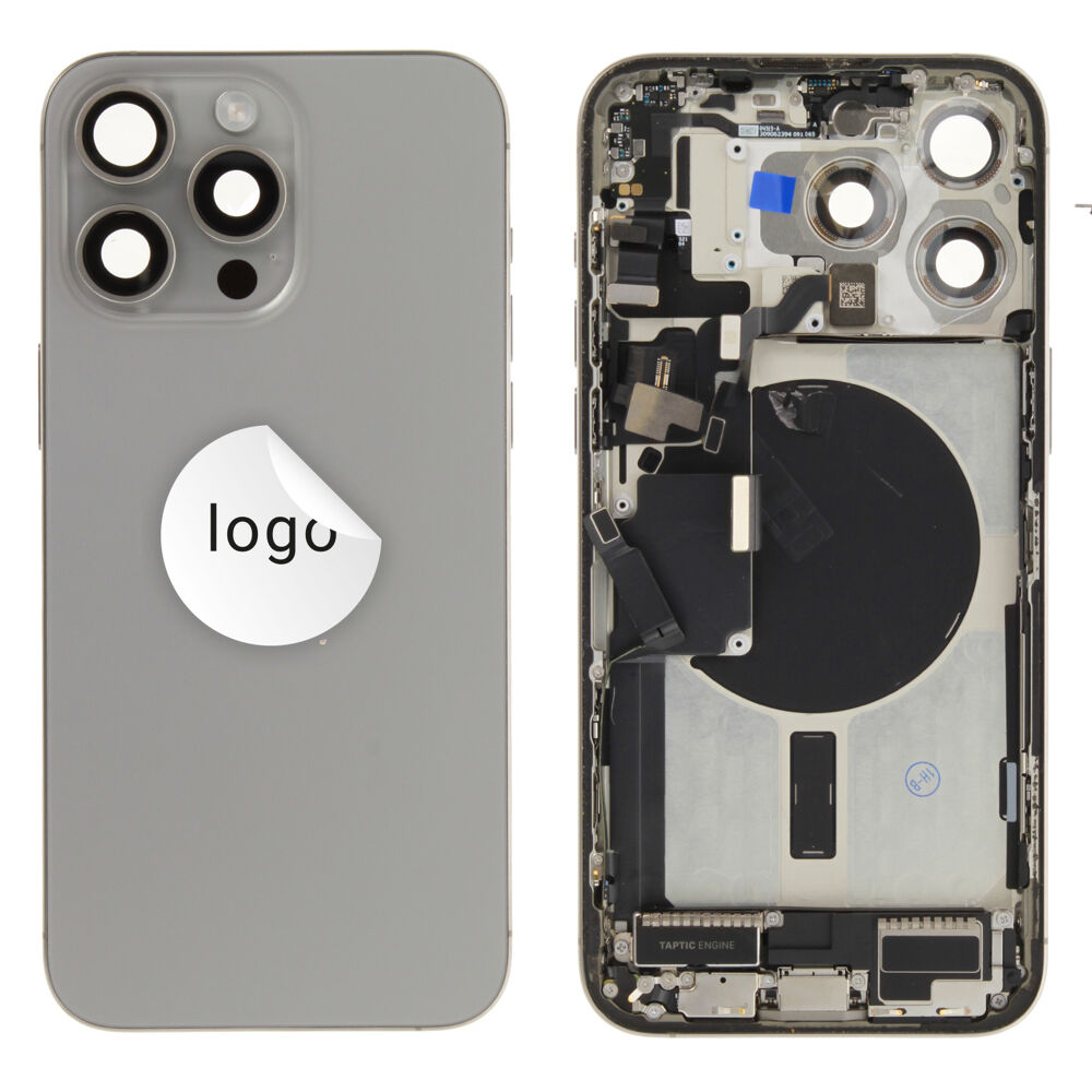 Gyári bontott,iPhone 15 Pro Max  középső keret hátlappal szürke színben + oldalsó gombokkal + kamera lencsével + sim kártyatartóval (Alig észrevehető karcok)