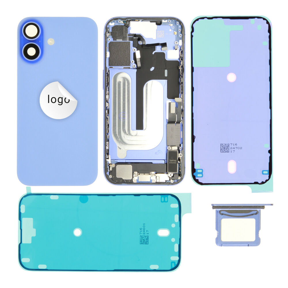 Gyári bontott,iPhone 16 középső keret hátlappal kék színben + oldalsó gombokkal + kamera lencsével + sim kártyatartóval (Alig észrevehető karcok)