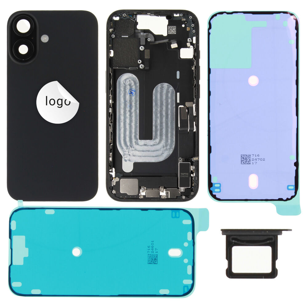Gyári bontott,iPhone 16 középső keret hátlappal fekete színben + oldalsó gombokkal + kamera lencsével + sim kártyatartóval (Alig észrevehető karcok)