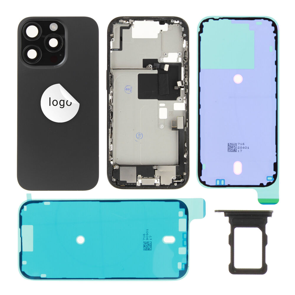 Gyári bontott,iPhone 16 Pro középső keret hátlappal fekete színben + oldalsó gombokkal + kamera lencsével + sim kártyatartóval (Alig észrevehető karcok)