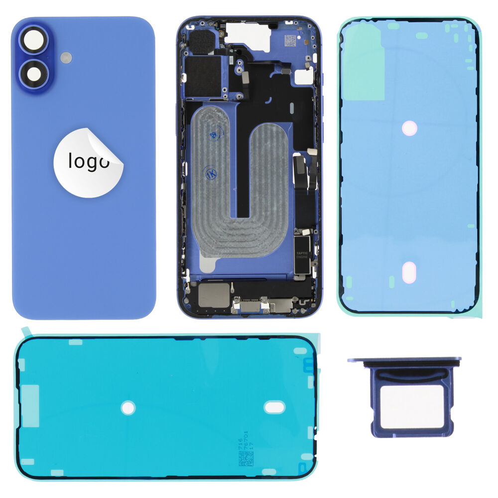 Gyári bontott,iPhone 16 Plus középső keret hátlappal kék színben + oldalsó gombokkal + kamera lencsével + sim kártyatartóval (Alig észrevehető karcok)