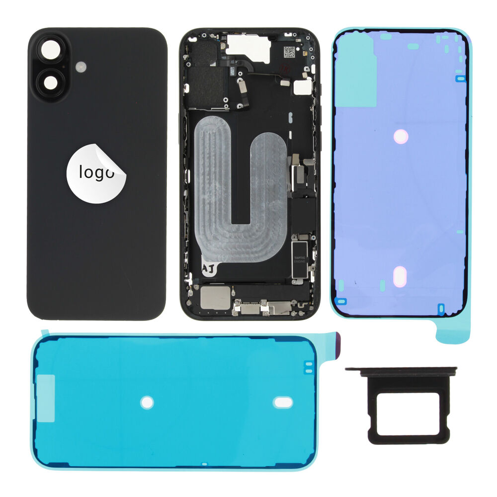 Gyári bontott,iPhone 16 Plus középső keret hátlappal fekete színben + oldalsó gombokkal + kamera lencsével + sim kártyatartóval (Alig észrevehető karcok)