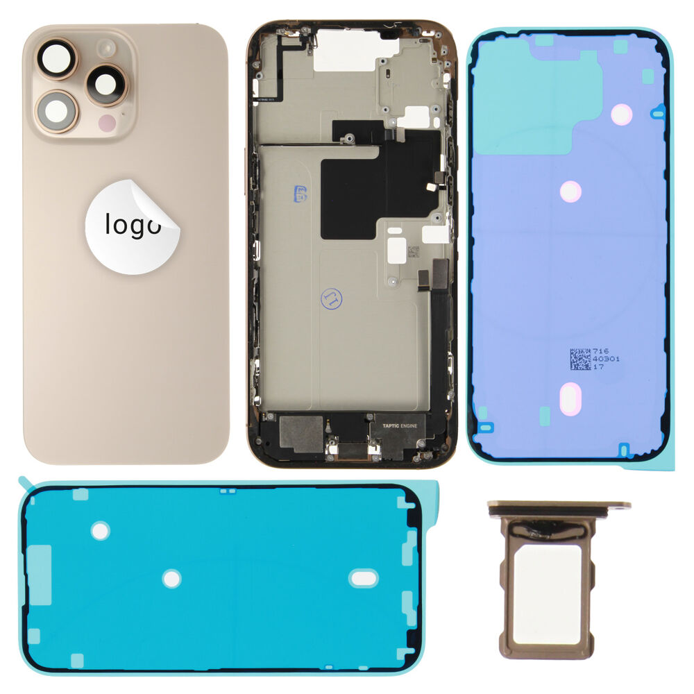 Gyári bontott,iPhone 16 Pro Max középső keret hátlappal desert titanium színben + oldalsó gombokkal + kamera lencsével + sim kártyatartóval (Alig észrevehető karcok)