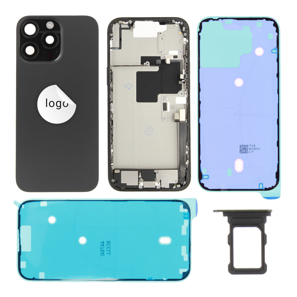 Gyári bontott,iPhone 16 Pro Max középső keret hátlappal fekete színben + oldalsó gombokkal + kamera lencsével + sim kártyatartóval (Alig észrevehető karcok)