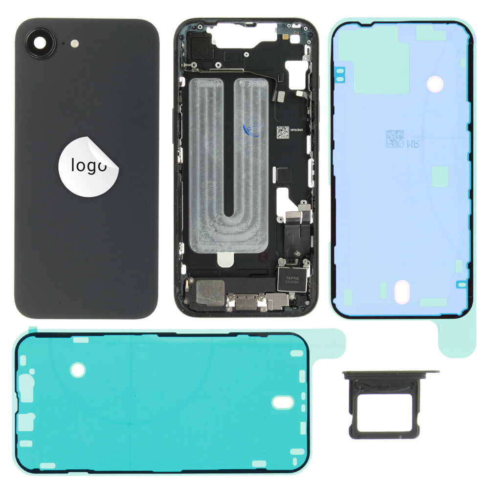 Gyári bontott,iPhone 16e középső keret hátlappal fekete színben + oldalsó gombokkal + kamera lencsével + sim kártyatartóval (Alig észrevehető karcok)